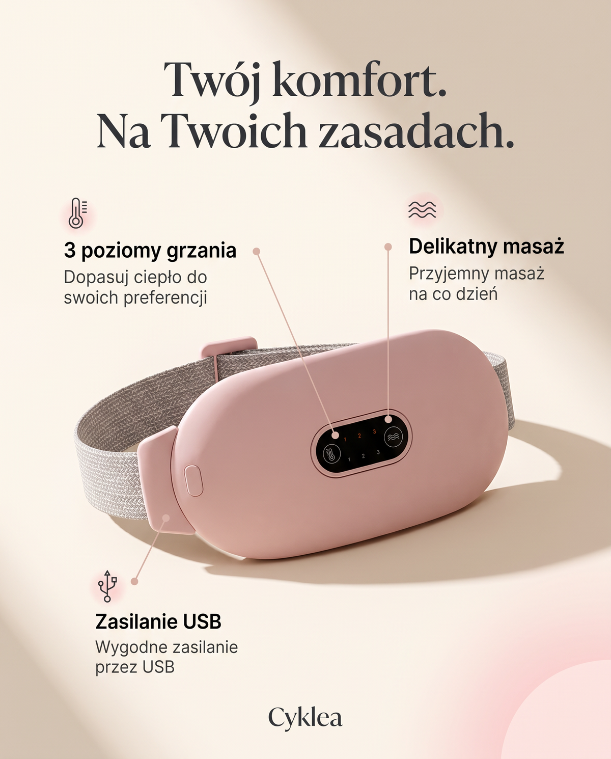 Cyklea – pas rozgrzewający na ból menstruacyjny z masażem
